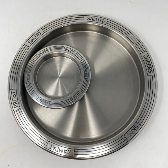 Bar tray and wine coaster “Cheers” in 6 languages silver chrome Home cocktail - Picture 1 of 6